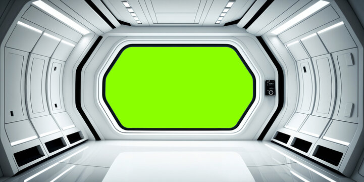 Futuristic Spaceship interior mockup with window view. Greenscreen for compositing.