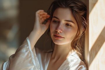 Naklejka premium A young woman in a moment of reflection, looking into a mirror with a gentle, contemplative expression.