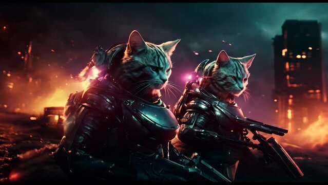 Anthropomorphic fantasy soldier cat in cyborg armor. Fantastic android kitten with weapon in cyberpunk style. Technology and future war concept.