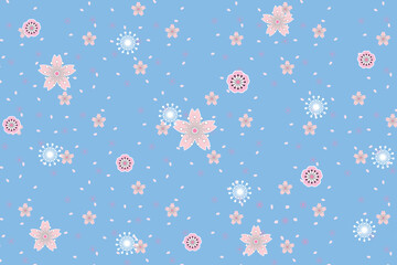 Illustration, pattern abstract of sakura flower and petals falling on light blue background.