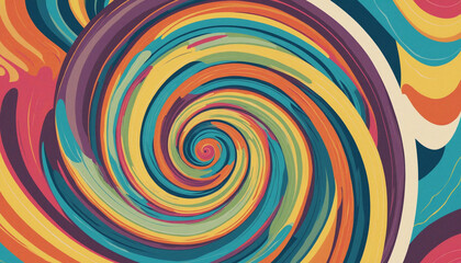 Retro rainbow spiral background illustration. Trendy swirl colorful texture in vintage style. Psychedelic hippie pattern, hypnosis twirl poster.