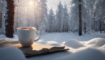 Obraz na płótnie Canvas A cup of coffee on a book in the snow