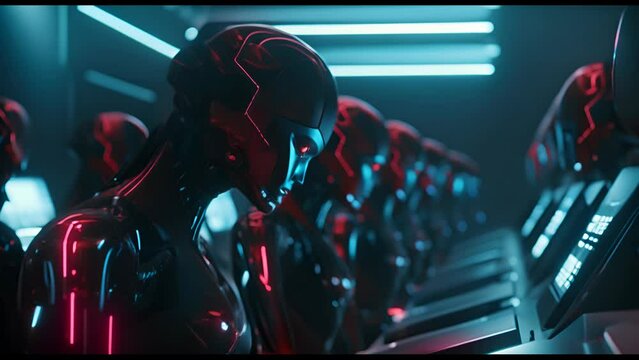 Robots working on futuristic factory. Technology, robotics, artificial intelligence and future.