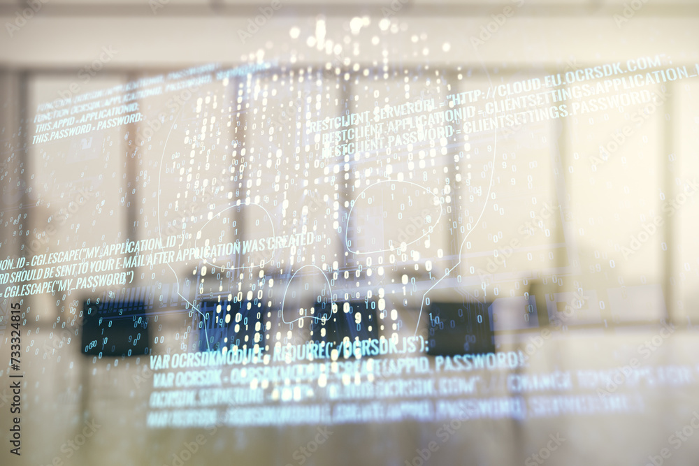 Poster double exposure of abstract virtual creative code skull hologram on a modern meeting room background