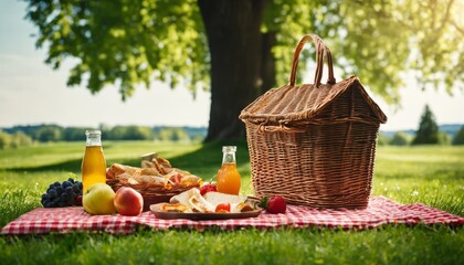 A picnic basket with food and drinks on a blanket - obrazy, fototapety, plakaty