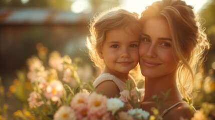 Mother and Daughter Embrace in a Field of Flowers