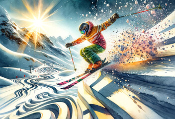 The image depicts an action-packed,vibrant watercolor illustration of a skier dynamically descending a mountain,splashing through a swirl of snowy mist against a sunlit backdrop.Sport Concept.AI gener