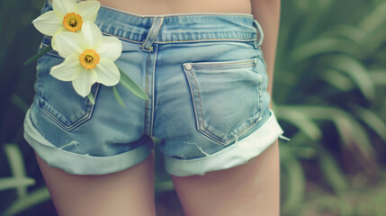 A woman with narcissus flowers in her pocket, denim shorts