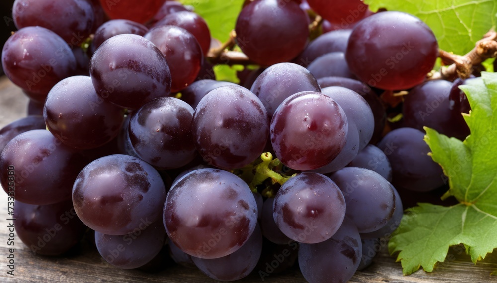 Wall mural A bunch of purple grapes on a wooden table