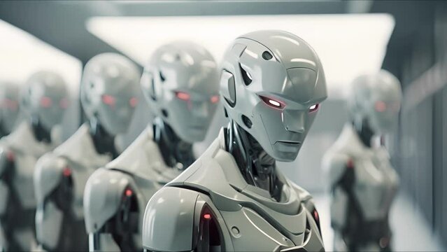 Combat robot in military metal armor. Futuristic cyborg security guard. Technology, robotics, artificial intelligence and future concept.