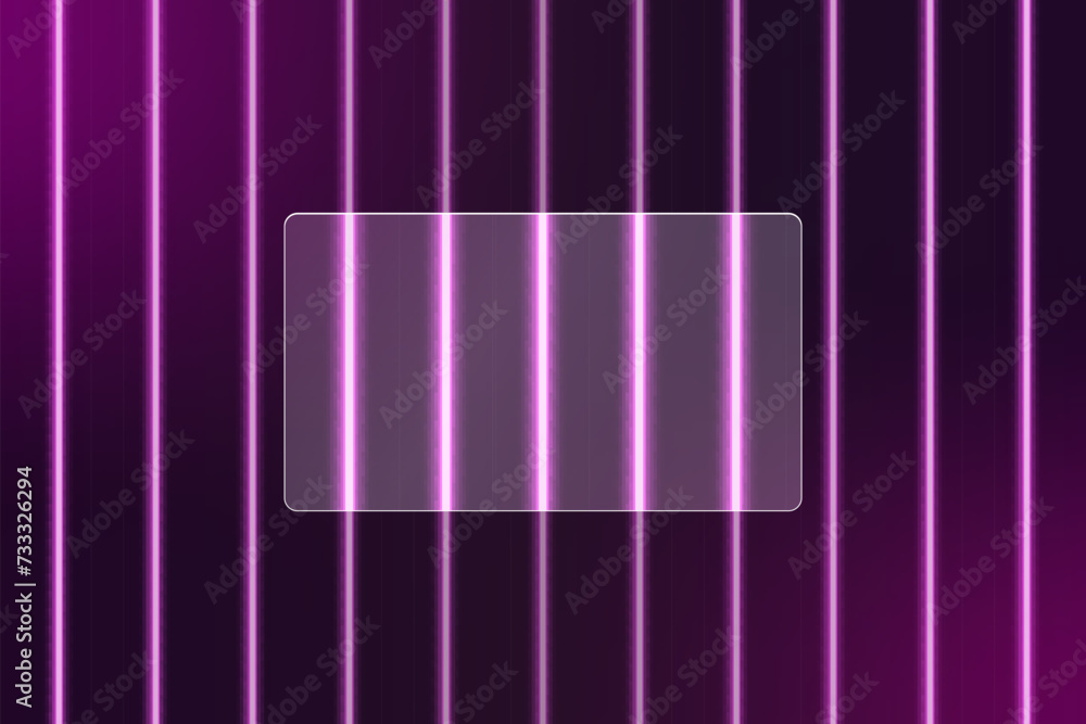 Poster glassmorphism effect with purple neon vertical lines. transparent glass plate on background of neon 