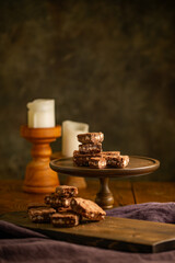 Chocolate brownies.
Delicious sweets.
