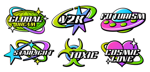 Retro Y2K logo. Acid gradient colorful lettering logos for shirt, streetwear. Sticker, badges, slogan typography vector icon design illustration with star, heart, planet earth. Futuristic elements.