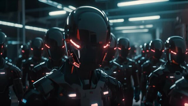 Combat robot in military metal armor. Futuristic cyborg security guard. Technology, robotics, artificial intelligence and future concept.