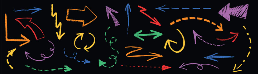 Colorful charcoal hand drawn arrows vector set on black background. Freehand pencil crayon swirly and spiral arrow, chalked symbols, direction pointers. Collection of curved lines different shapes.