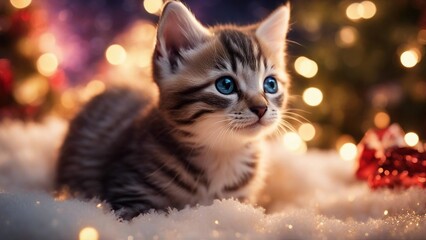 cat and christmas tree highly intricately detailed photograph of   Kitten near a Christmas present  
