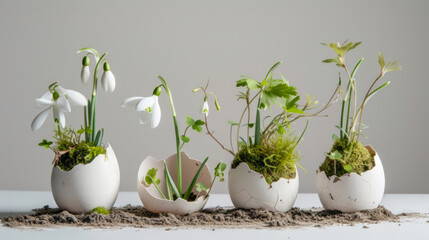 Snowdrops sprouting next to the plants in egg shells