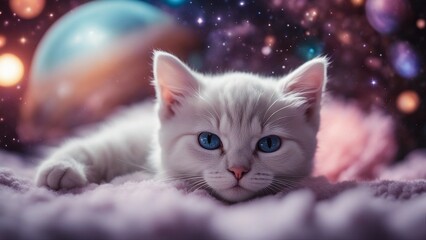 cat of the sky A sleepy lilac kitten with a humorous snore, dreaming of being an astronaut floating in zero gravity 