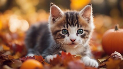 Naklejka na ściany i meble cat of autumn A sweet one-month-old kitten with a soft, downy fur, meowing gently as it sits amidst a pile of leaves 