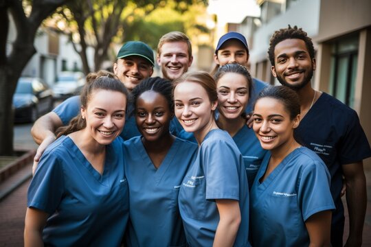 Young nursing student standing with hospital team, dressed in scrubs, doctor intern in group photo