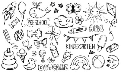 Daycare doodle set. Kindergarten and preschool line art vector illustration. Children icon collection with hand drawn toys, flowers, sun, rocket, rainbow, animals and candy on white background.