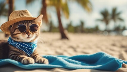 cat with sunglasses A comical kitten wearing a pair of oversized sunglasses and a straw hat, lounging on a beach towel  - obrazy, fototapety, plakaty