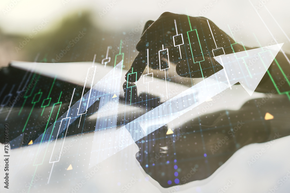 Poster multi exposure of abstract financial diagram with upward arrow and hand working with a digital table
