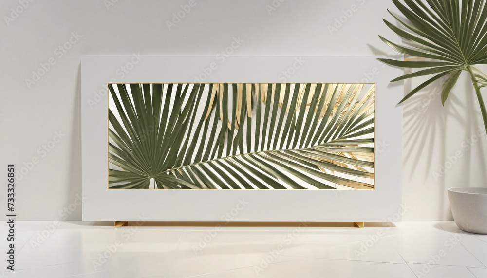 Poster 3d render, abstract white gold geometric background with palm leaf shadow. blank showcase with empty
