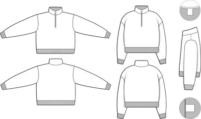 Oversized cropped quarter zip pullover sweatshirt flat technical drawing illustration mock-up template for design and tech packs men or unisex fashion CAD streetwear oversized loose baggy © Jack