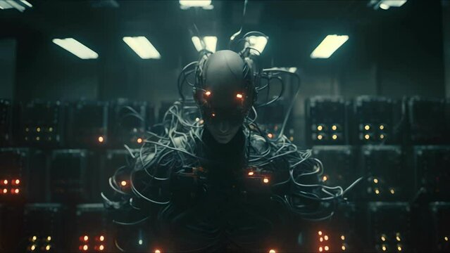 Evil android portrait. Crazy villain on a scary futuristic background. The face of an angry creature is furious.