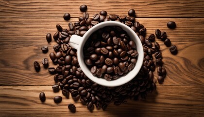 A cup of coffee with coffee beans surrounding it