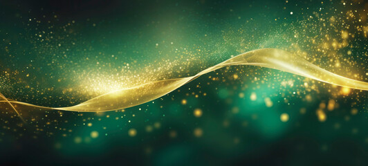 Waves of golden sparkles, shiny glitter bokeh lights on green background