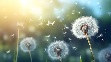 Graphic background with Dandelion flying In the Wind with large copy space for message. Let Your Dreams Soar High Like This Dandelion. Dandelion Seeds Carry the Promise of a Brighter Future.