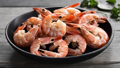 A black bowl full of cooked shrimp
