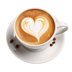 Cup of cappuccino or latte coffee with heart shape on transparent background
