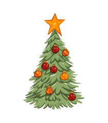 Vector illustration of decorated Christmas tree in snow on white background. Green fluffy xmas pine, isolated on white background. Cute Christmas tree in cartoon watercolor style.
