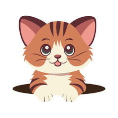 Illustration of a tiger cub popping out of a hole on a white and transparent background. Flat