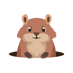 Illustration of a groundhog jumping out of a burrow on a white and transparent background. Flat