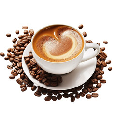 Cup of cappuccino or latte coffee with heart shape on transparent background