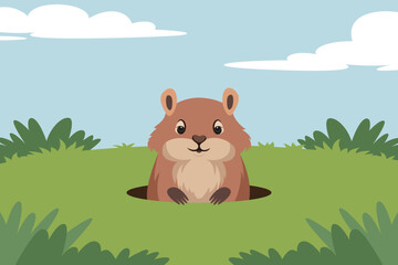 Obraz na płótnie Canvas A groundhog comes out of a hole on a green lawn. Illustration in vector format.