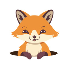 Illustration of a fox jumping out of a hole on a white and transparent background. Flat