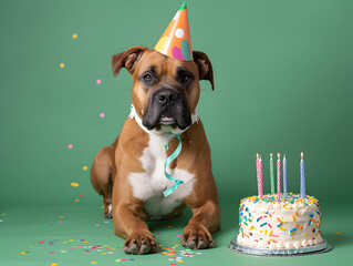German boxer with birthday cake and party hat
