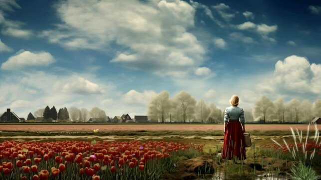 A woman in the tulips garden on blue sky background. Seamless looping time-lapse 4k video animation background