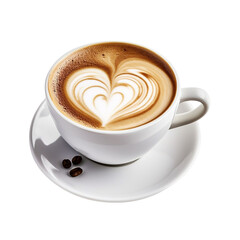 Cup of cappuccino or latte coffee with heart shape on transparent background