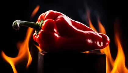 Papier Peint photo Piments forts Red hot chili pepper with fire in  dark background. Creative illustration with burning spicy pepper.