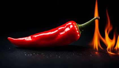 Gordijnen Red hot chili pepper with fire in  dark background. Creative illustration with burning spicy pepper. © Md Abidur Rahman