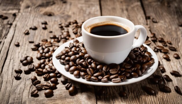 A cup of coffee on a plate with coffee beans © vivekFx