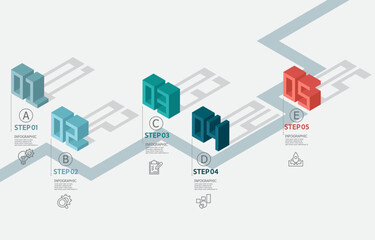 isometric infographics timeline element business data steps report layout template background with business line icon 5 steps