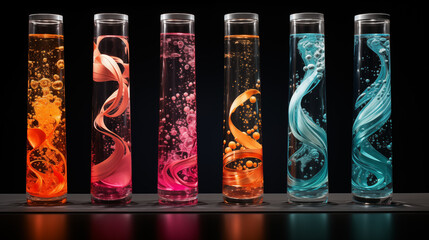 Three bottles of wine on a black background,Laboratory test tubes with colorful liquids on black background. 3D rendering