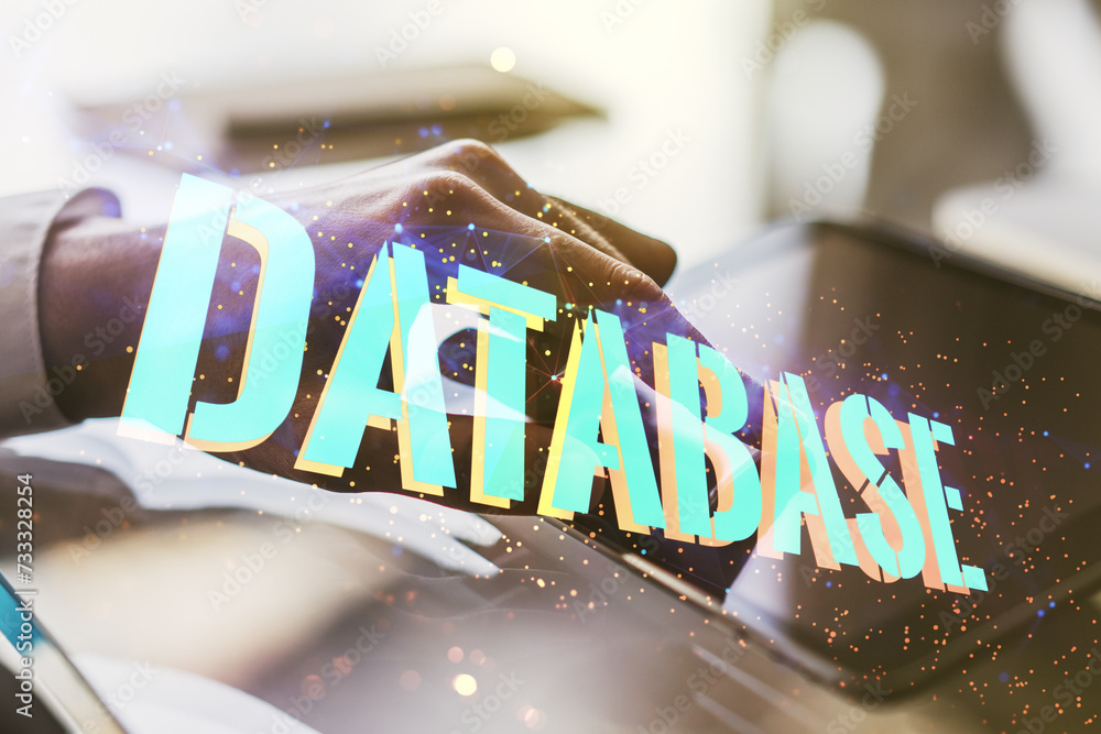 Poster double exposure of database word sign with finger clicks on a digital tablet on background, global r